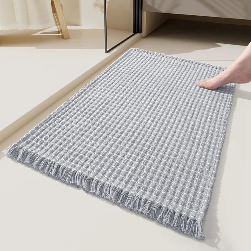 40x60cm Tassel Woven Bathroom Mat Absorbent Non-Slip Microfiber Floor Rug for Shower Door - Grey