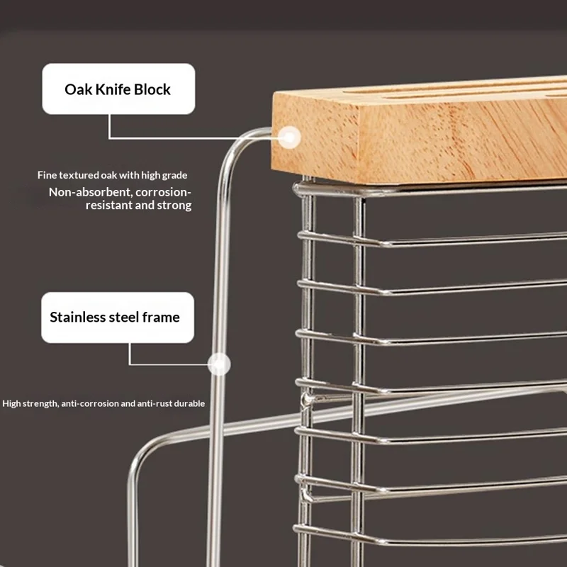Stainless Steel Oak Knife Block Kitchen Knife Holder Storage Rack with Cutting Board Organizer Stand