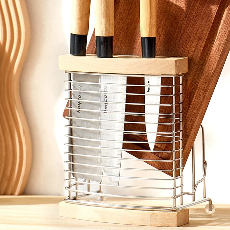 Stainless Steel Oak Knife Block Kitchen Knife Holder Storage Rack with Cutting Board Organizer Stand