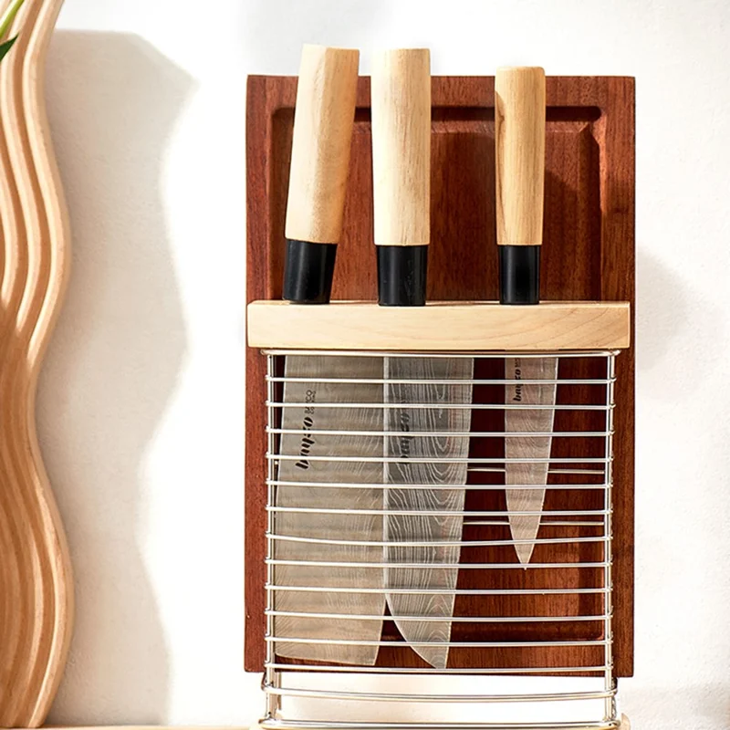 Stainless Steel Oak Knife Block Kitchen Knife Holder Storage Rack with Cutting Board Organizer Stand