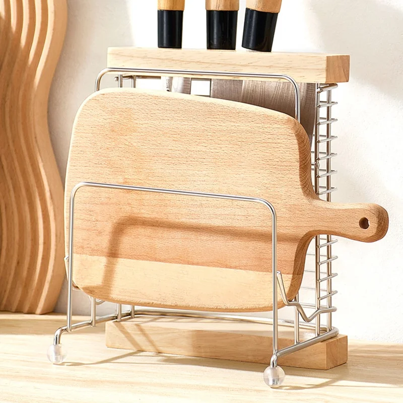 Stainless Steel Oak Knife Block Kitchen Knife Holder Storage Rack with Cutting Board Organizer Stand