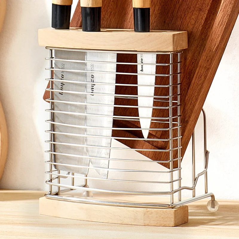 Stainless Steel Oak Knife Block Kitchen Knife Holder Storage Rack with Cutting Board Organizer Stand