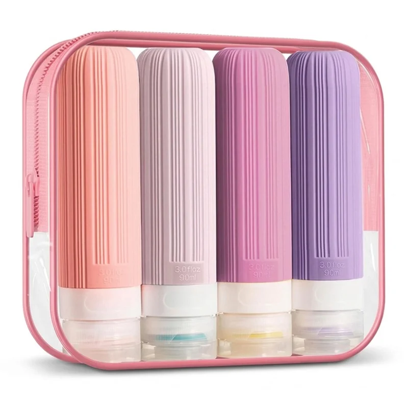 4-teiliges Set Reiseflaschen 90 ml, Silikon-Refill-Druckflaschen, auslaufsicher für Shampoo, Lotion – Rosa