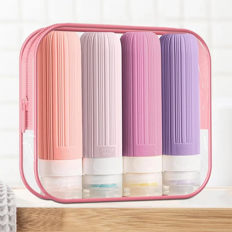 4-teiliges Set Reiseflaschen 90 ml, Silikon-Refill-Druckflaschen, auslaufsicher für Shampoo, Lotion – Rosa