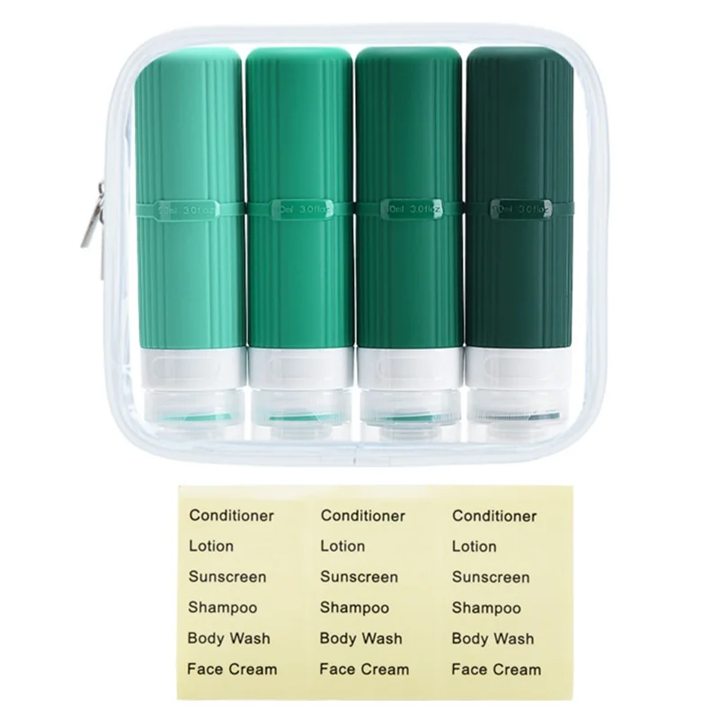 4Pcs 90ml Silicone Travel Bottles Food Grade Squeeze Bottles Set with Labels for Shampoo Lotion - Green