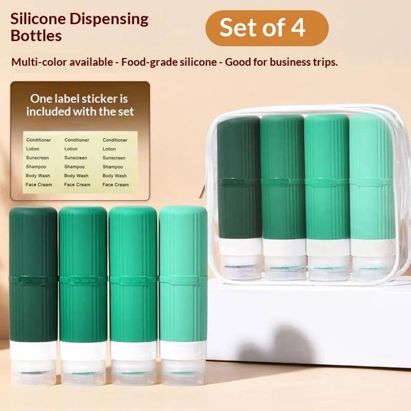 4Pcs 90ml Silicone Travel Bottles Food Grade Squeeze Bottles Set with Labels for Shampoo Lotion - Green