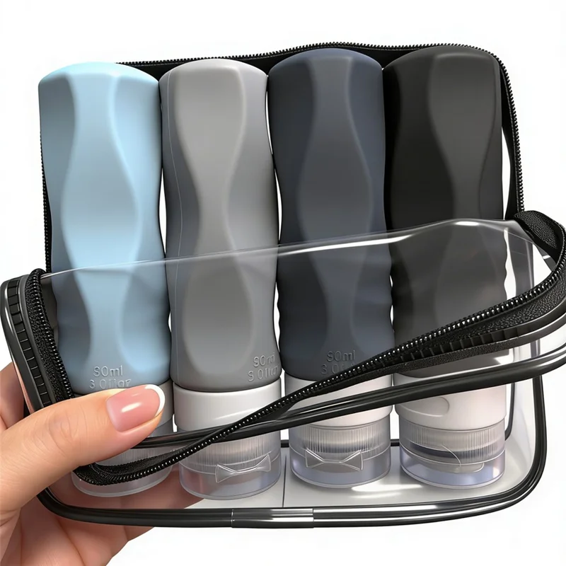 4Pcs 90ml Silicone Travel Bottles Set Refillable Squeeze Bottles for Shampoo Lotion - Black