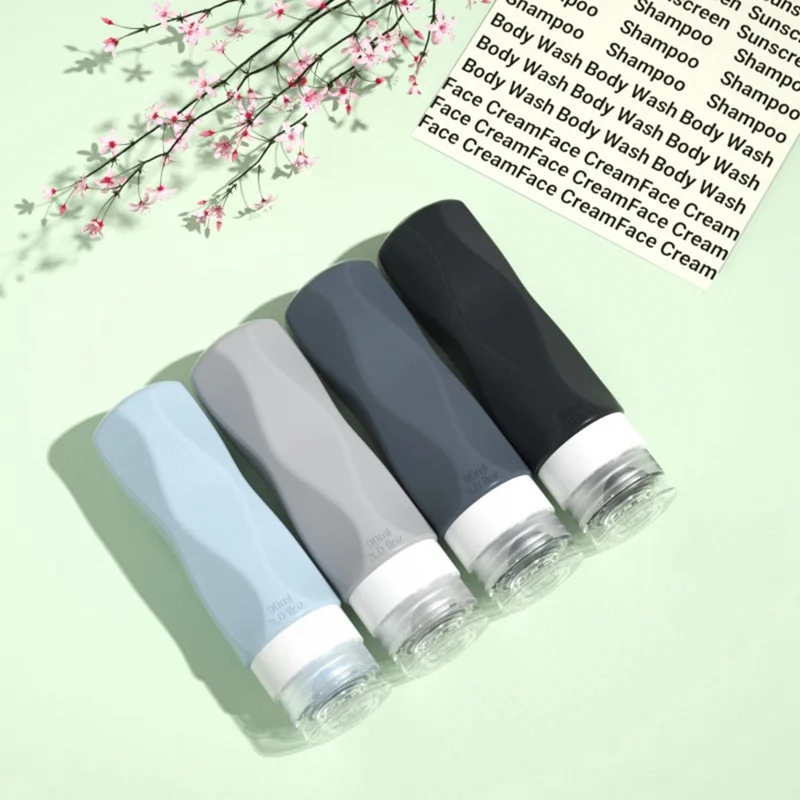 4Pcs 90ml Silicone Travel Bottles Set Refillable Squeeze Bottles for Shampoo Lotion - Black