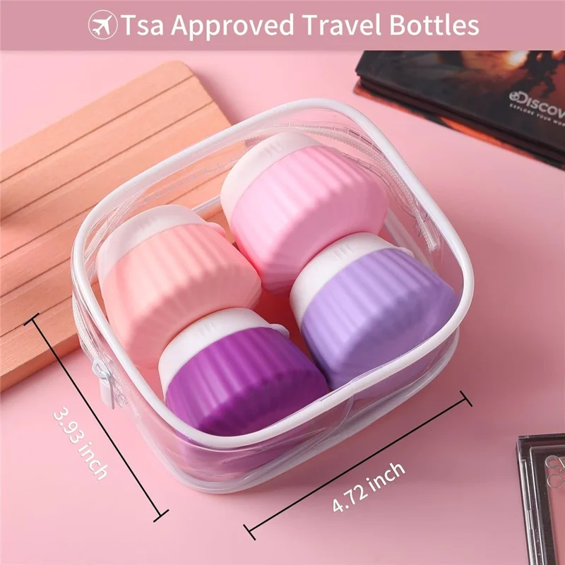 4Pcs 40ml Travel Cream Jars Set Silicone Refillable Containers with Spoons Travel Small Makeup Jar for Skincare - Pink
