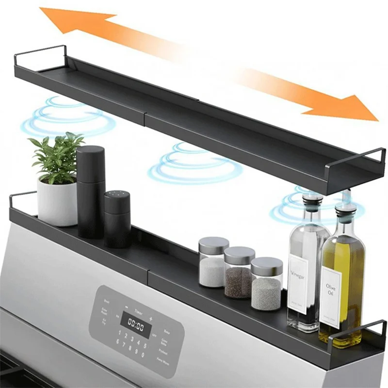 Extendable Magnetic Stove Top Shelf 16-30 Inch Steel Stovetop Organizer Rack for Kitchen Spice Storage - Black