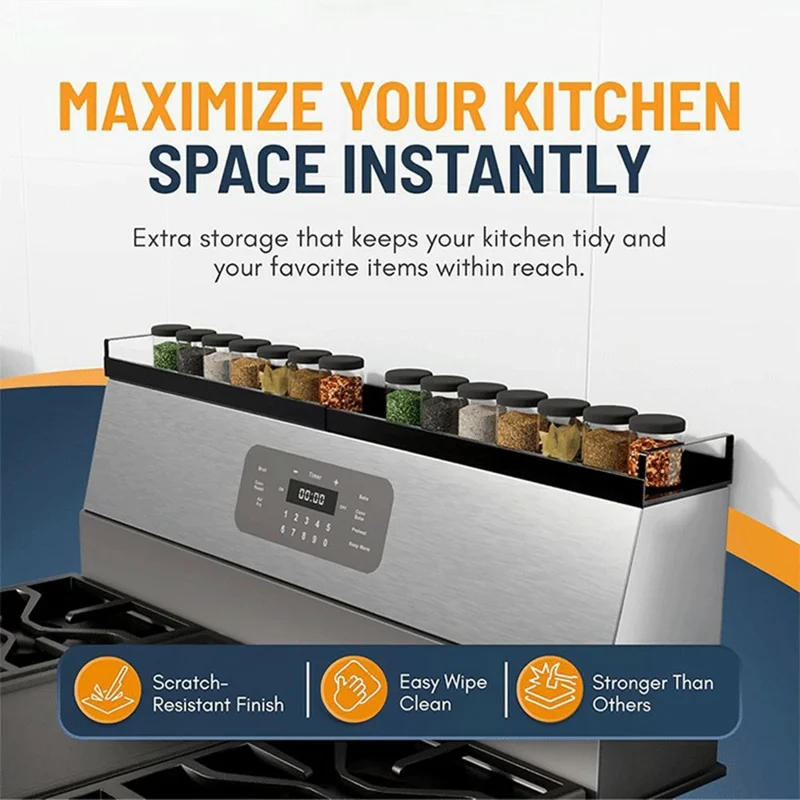 Extendable Magnetic Stove Top Shelf 16-30 Inch Steel Stovetop Organizer Rack for Kitchen Spice Storage - Black