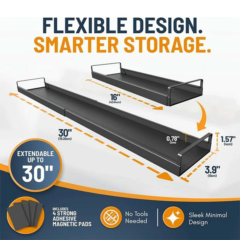 Extendable Magnetic Stove Top Shelf 16-30 Inch Steel Stovetop Organizer Rack for Kitchen Spice Storage - Black