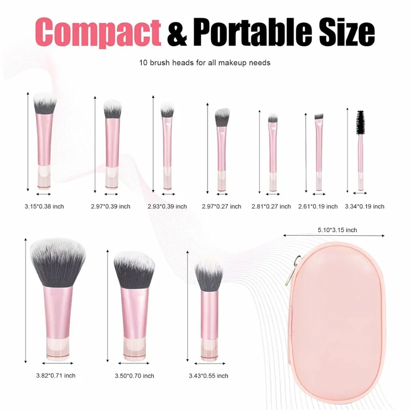 10Pcs Makeup Brushes Set Mini Travel Cosmetic Brush Kit with Portable Bag for Foundation Eyeshadow - Pink  /  Pink