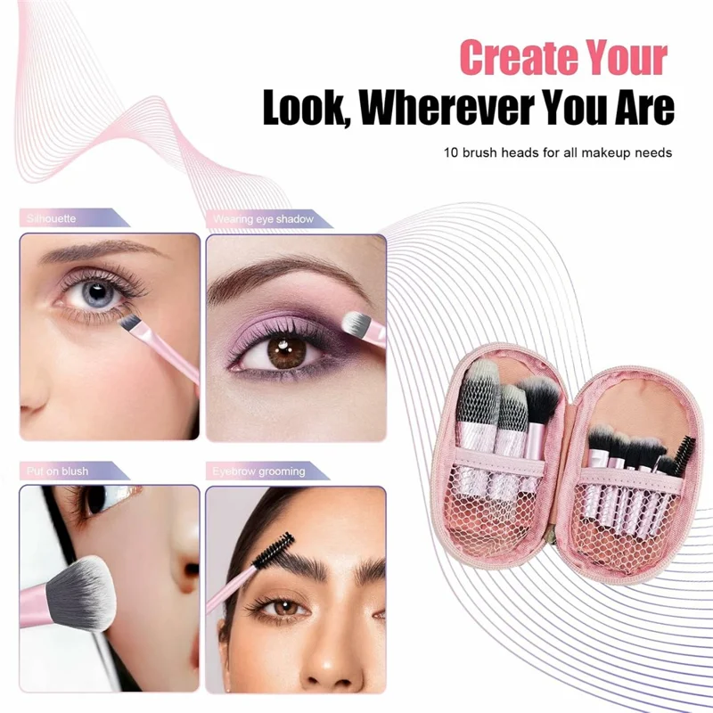 10Pcs Makeup Brushes Set Mini Travel Cosmetic Brush Kit with Portable Bag for Foundation Eyeshadow - Pink  /  Pink
