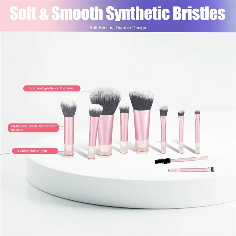 10Pcs Makeup Brushes Set Mini Travel Cosmetic Brush Kit with Portable Bag for Foundation Eyeshadow - Pink  /  Pink