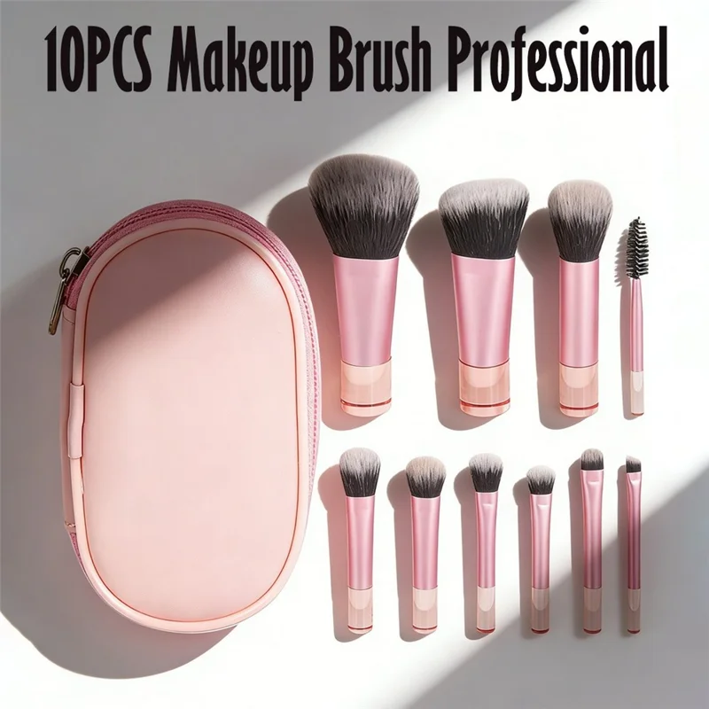 10Pcs Makeup Brushes Set Mini Travel Cosmetic Brush Kit with Portable Bag for Foundation Eyeshadow - Pink  /  Pink