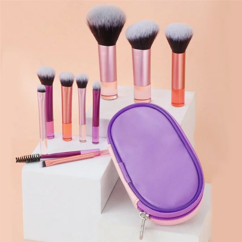 10Pcs Makeup Brushes Set Mini Travel Cosmetic Brush Kit with Portable Bag for Foundation Eyeshadow - Pink  /  Pink