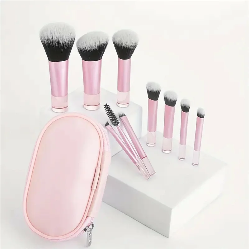10Pcs Makeup Brushes Set Mini Travel Cosmetic Brush Kit with Portable Bag for Foundation Eyeshadow - Pink  /  Pink