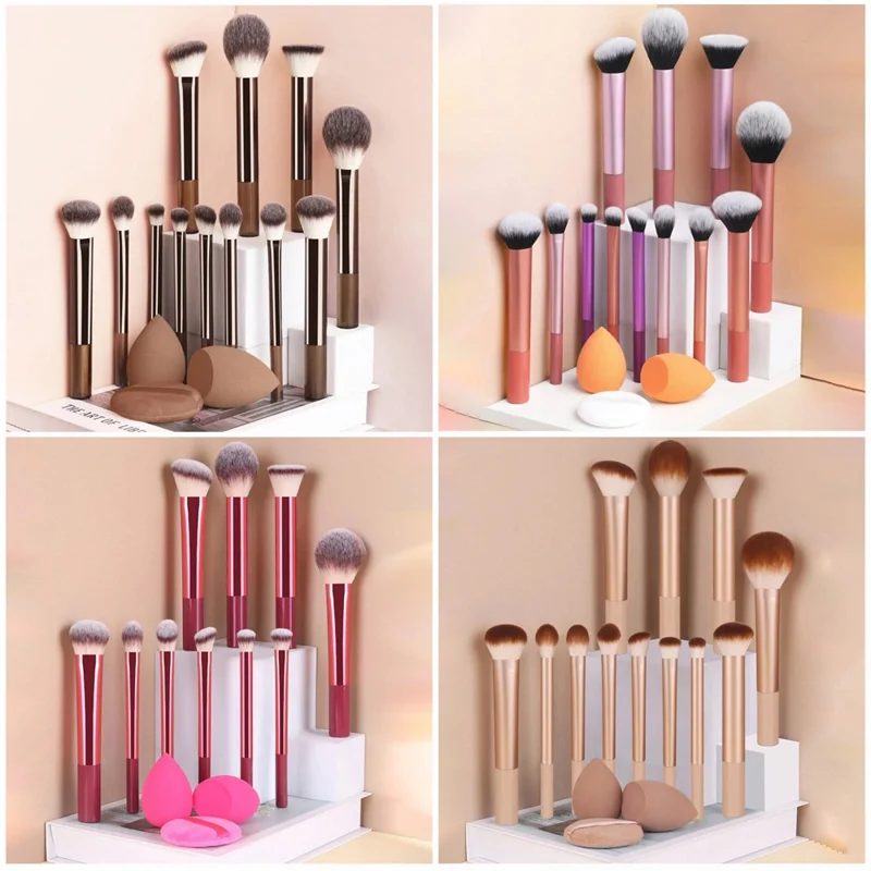 12Pcs Makeup Cosmetic Brush Set with 3 Puff Sponges Professional Long Handle Beauty Tools for Foundation Powder - Black