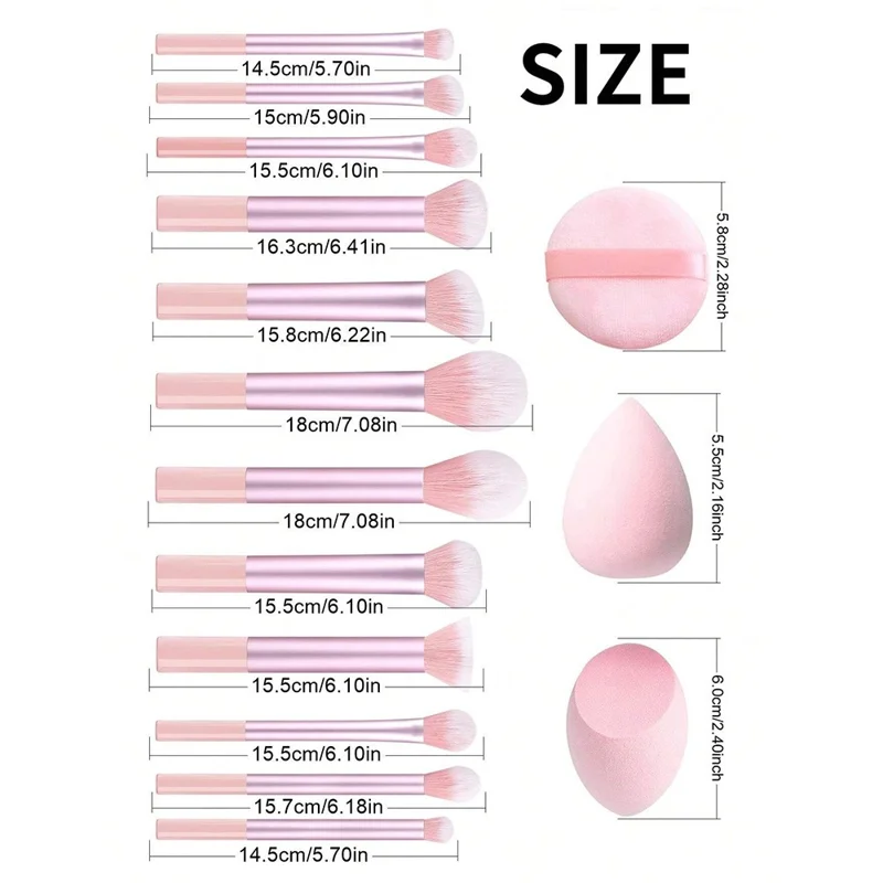 12Pcs Makeup Cosmetic Brush Set with 3 Puff Sponges Professional Long Handle Beauty Tools for Foundation Powder - Black