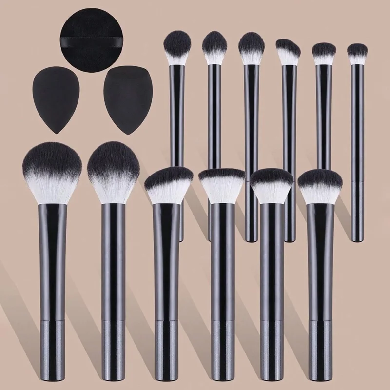 12Pcs Makeup Cosmetic Brush Set with 3 Puff Sponges Professional Long Handle Beauty Tools for Foundation Powder - Black