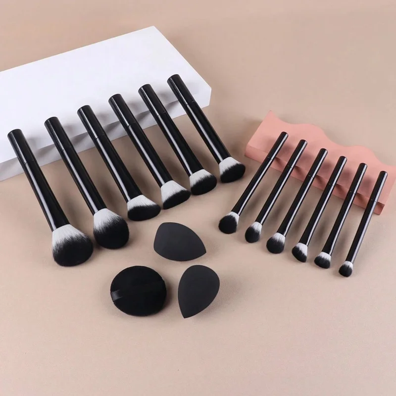 12Pcs Makeup Cosmetic Brush Set with 3 Puff Sponges Professional Long Handle Beauty Tools for Foundation Powder - Black