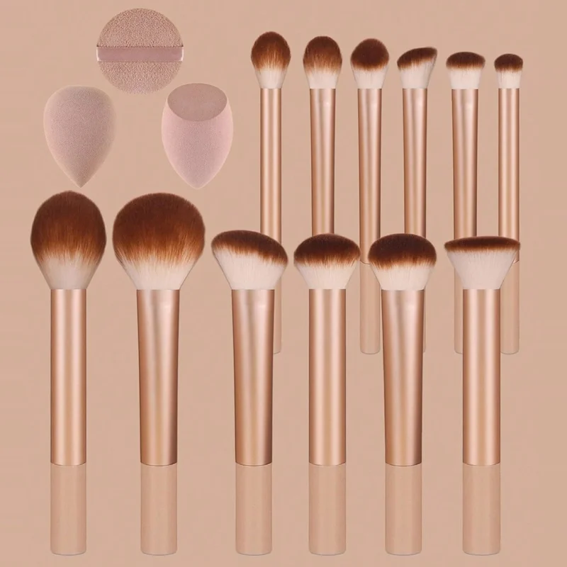 12Pcs Makeup Cosmetic Brush Set with 3 Puff Sponges Professional Long Handle Beauty Tools for Foundation Powder - Black