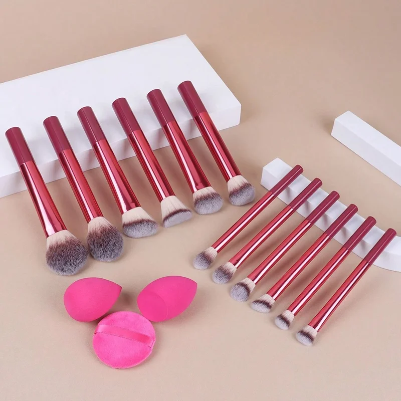 12Pcs Makeup Cosmetic Brush Set with 3 Puff Sponges Professional Long Handle Beauty Tools for Foundation Powder - Black