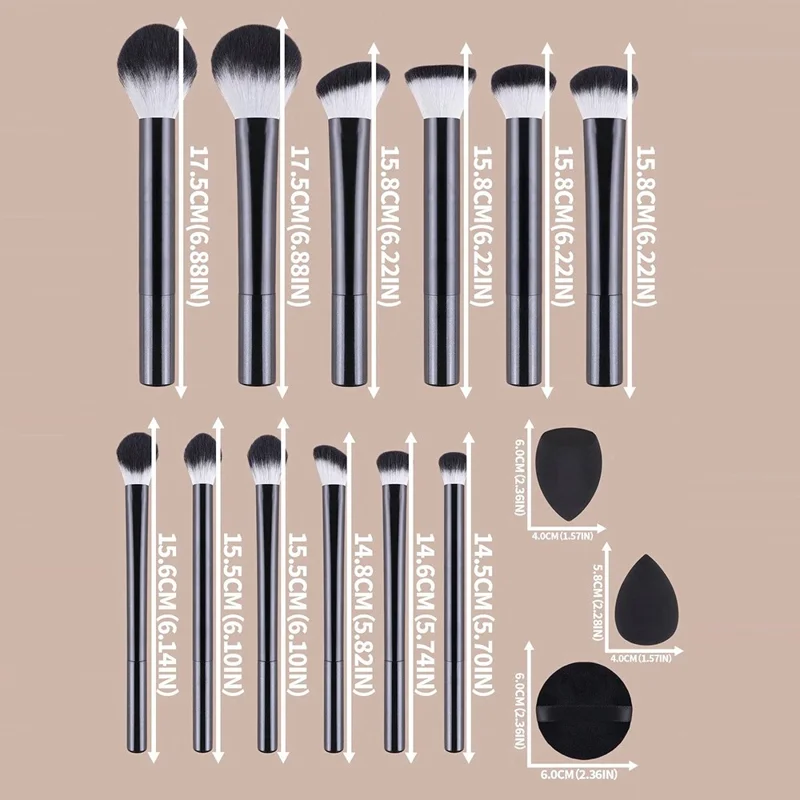 12Pcs Makeup Cosmetic Brush Set with 3 Puff Sponges Professional Long Handle Beauty Tools for Foundation Powder - Black