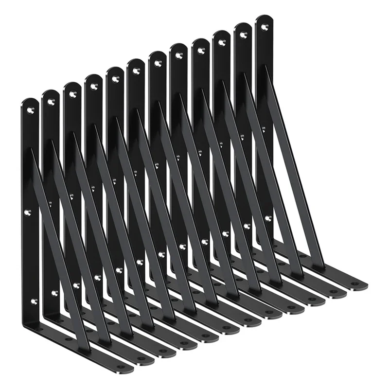 12 шт. 30x19 см металлические настенные кронштейны для полок, прочные треугольные опоры для самостоятельной установки в дом, кухню, гараж — черные