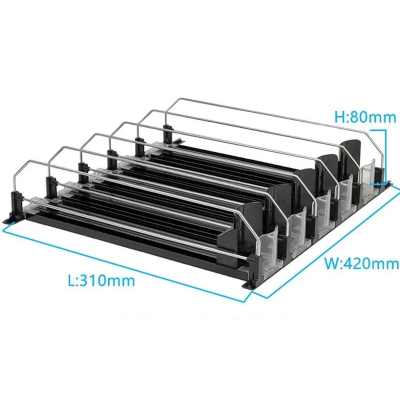 Organizador de Bebidas para Frigorífico de 310 mm com 5 Filas, Calha Deslizante com Mola Automática, Dispensador de Bebidas Automático para Armazenamento de Latas - Preto