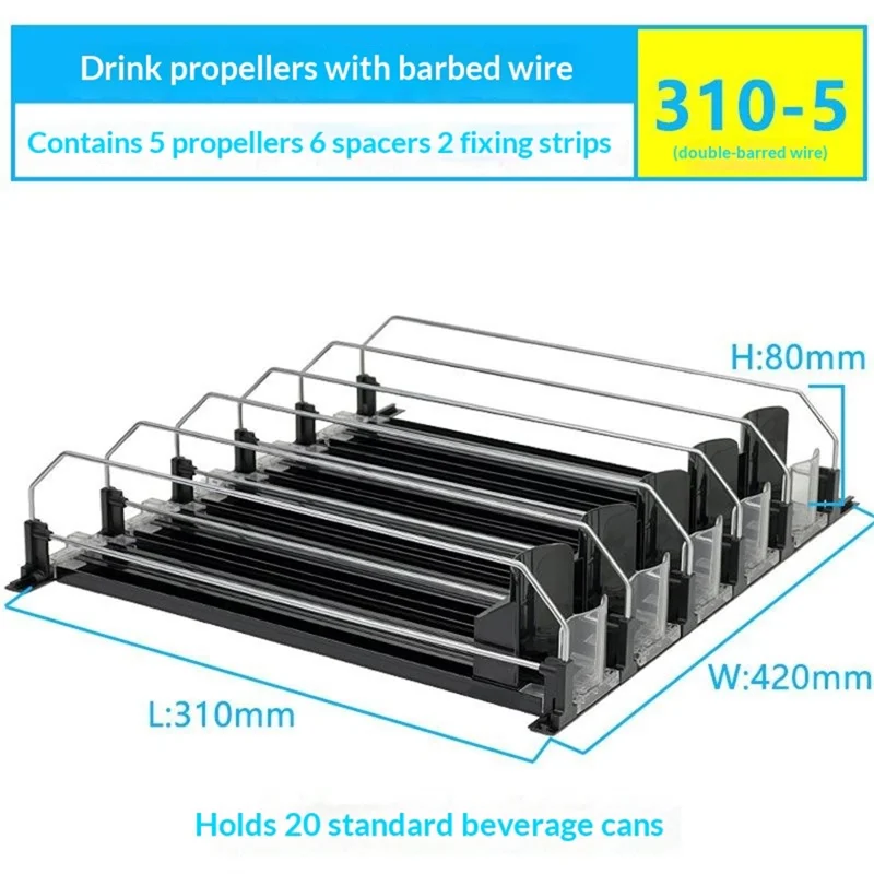 Organizador de Bebidas para Frigorífico de 310 mm com 5 Filas, Calha Deslizante com Mola Automática, Dispensador de Bebidas Automático para Armazenamento de Latas - Preto