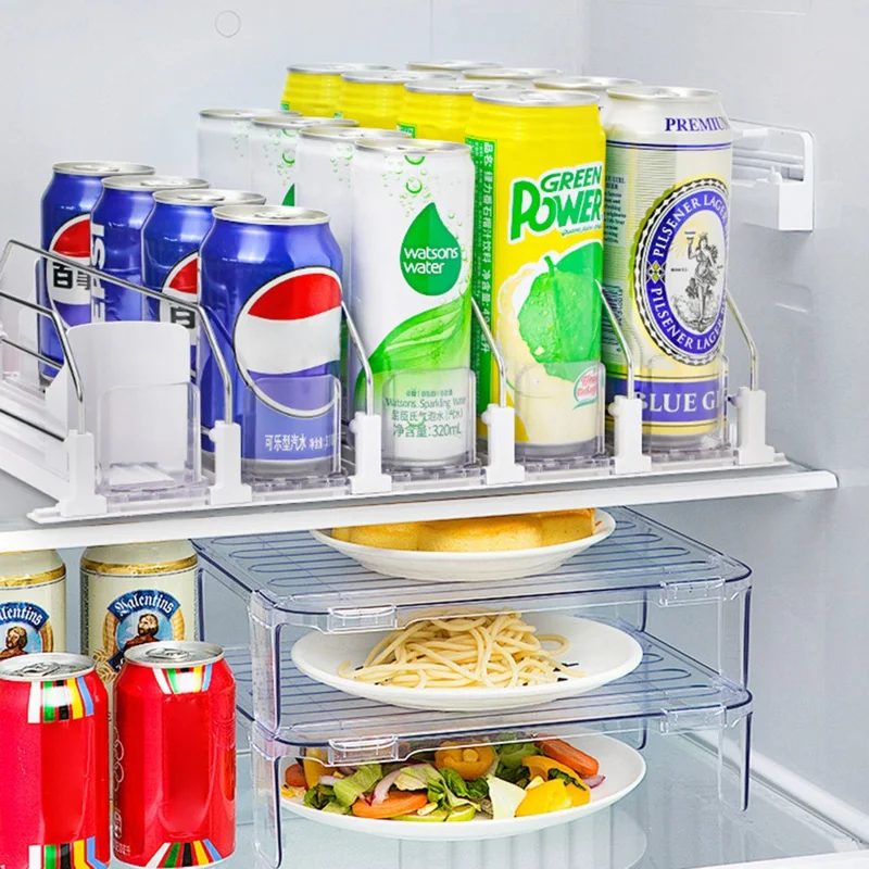 Organizador de Bebidas para Frigorífico de 310 mm com 5 Filas, Calha Deslizante com Mola Automática, Dispensador de Bebidas Automático para Armazenamento de Latas - Preto