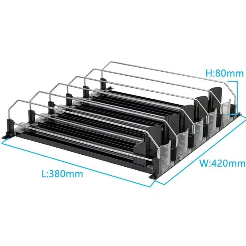 380 мм, 5 рядов, органайзер для напитков в холодильник, автоматическая пружинная направляющая, диспенсер для напитков, хранение банок - Черный