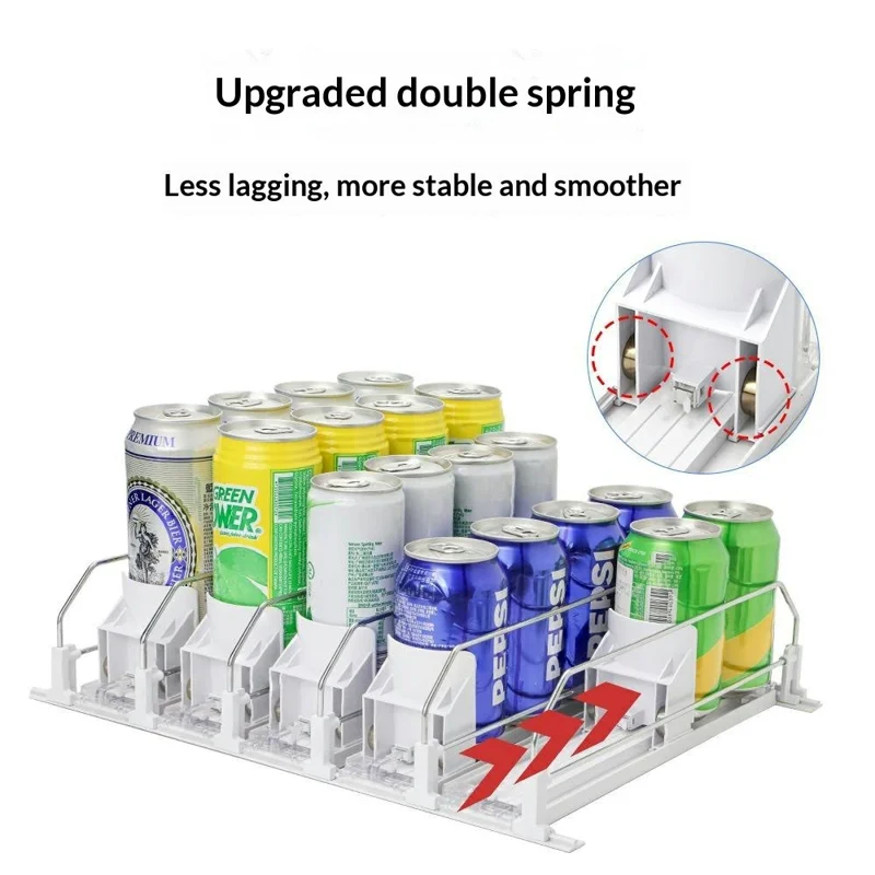 310mm 2 Rows Fridge Drink Organizer Auto Push Spring Slide Rail Beverage Automatic Drink Dispenser for Can Storage - White