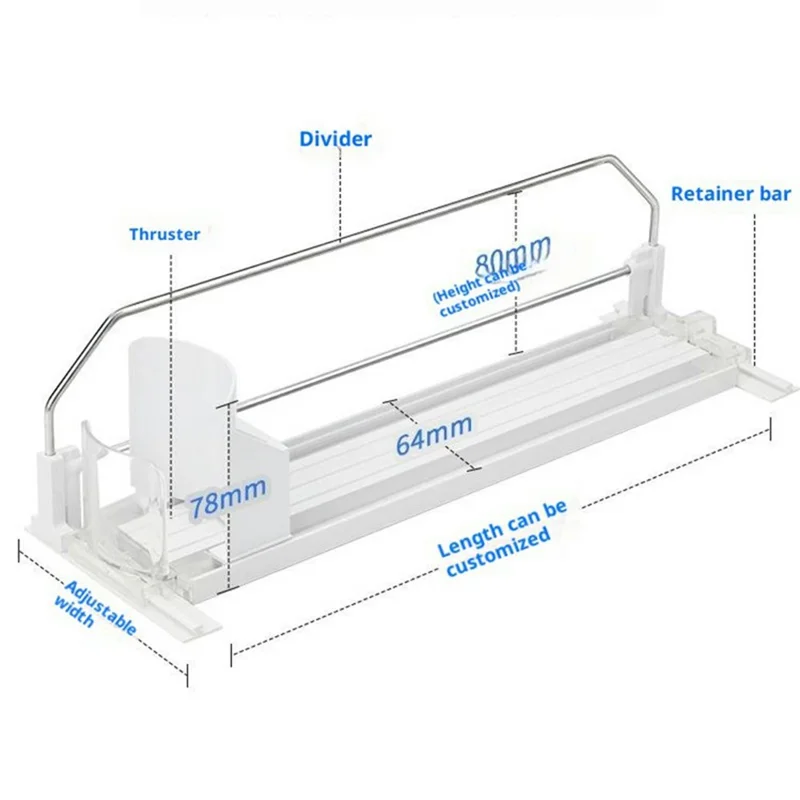 310mm 2 Rows Fridge Drink Organizer Auto Push Spring Slide Rail Beverage Automatic Drink Dispenser for Can Storage - White