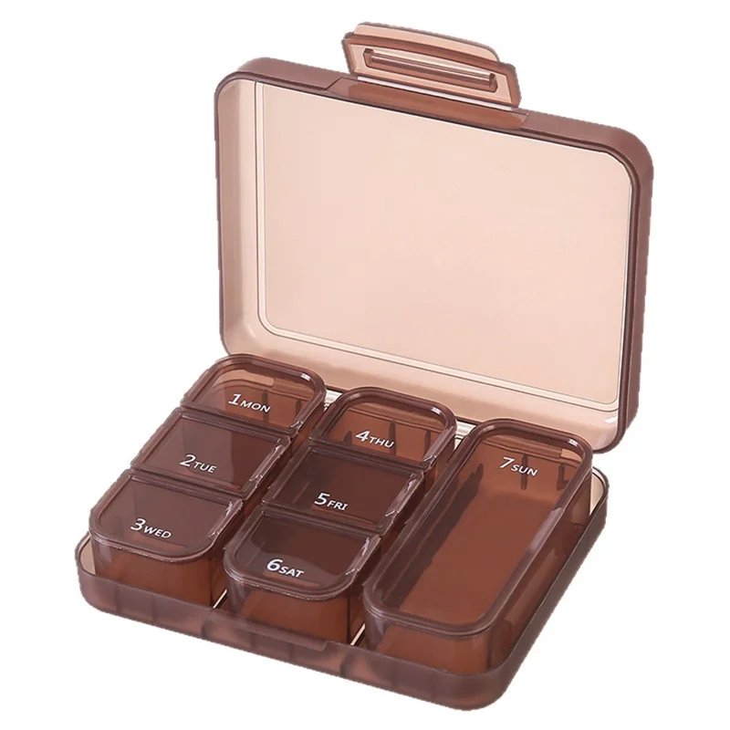 7 Days Weekly 7 Compartments Pill Organizer Box Portable Medicine Storage Case for Travel (BPA Free, No FDA) - Coffee