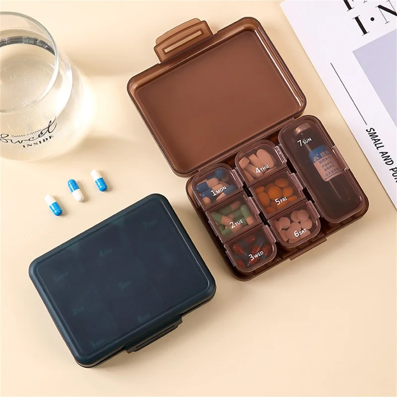 7 Days Weekly 7 Compartments Pill Organizer Box Portable Medicine Storage Case for Travel (BPA Free, No FDA) - Coffee