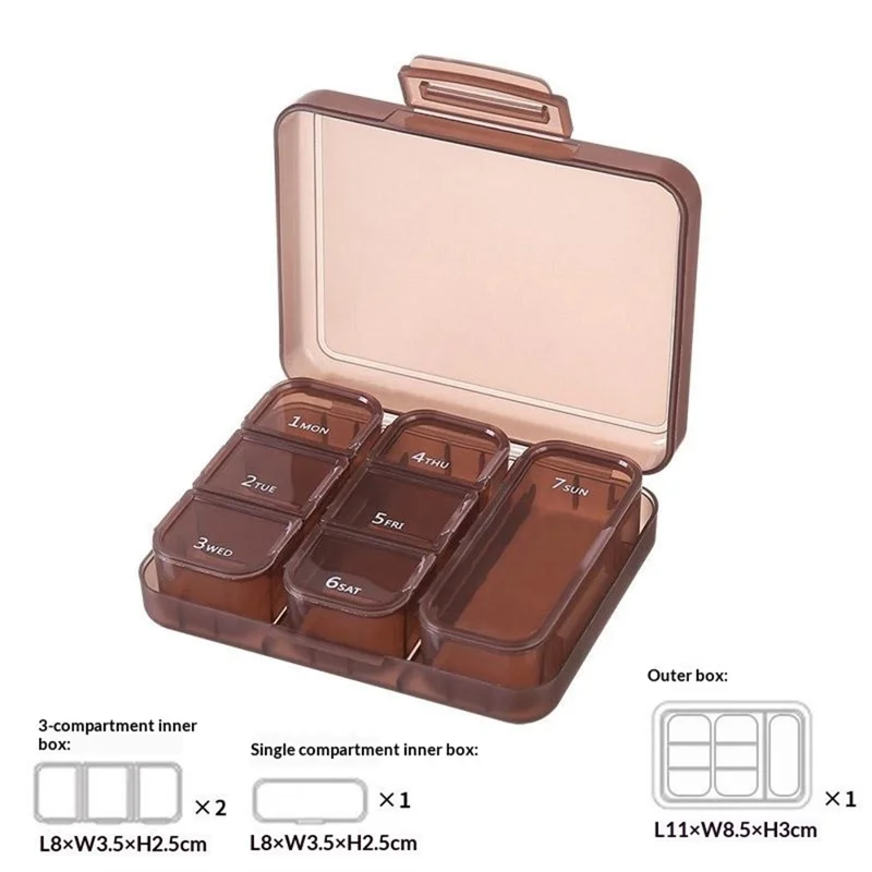 7 Days Weekly 7 Compartments Pill Organizer Box Portable Medicine Storage Case for Travel (BPA Free, No FDA) - Coffee
