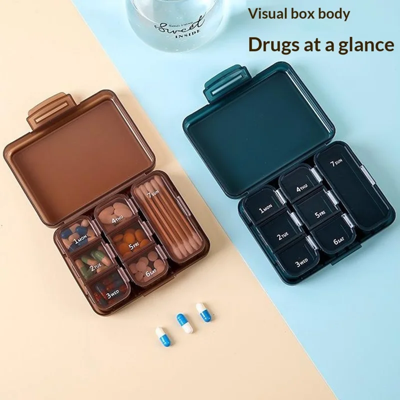 7 Days Weekly 7 Compartments Pill Organizer Box Portable Medicine Storage Case for Travel (BPA Free, No FDA) - Coffee