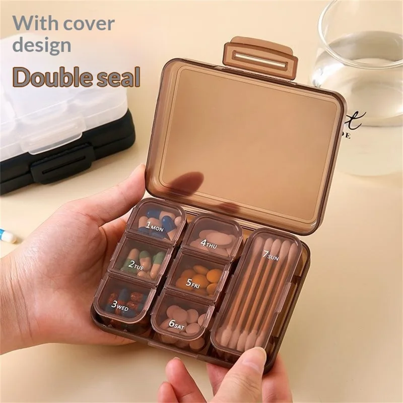 7 Days Weekly 7 Compartments Pill Organizer Box Portable Medicine Storage Case for Travel (BPA Free, No FDA) - Coffee