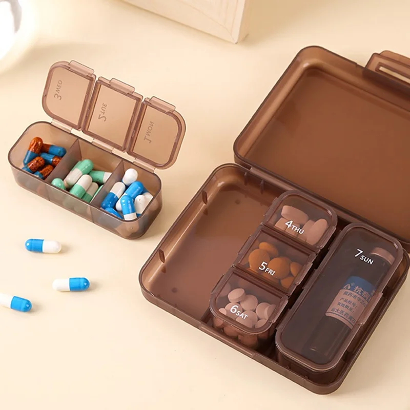 7 Days Weekly 7 Compartments Pill Organizer Box Portable Medicine Storage Case for Travel (BPA Free, No FDA) - Coffee