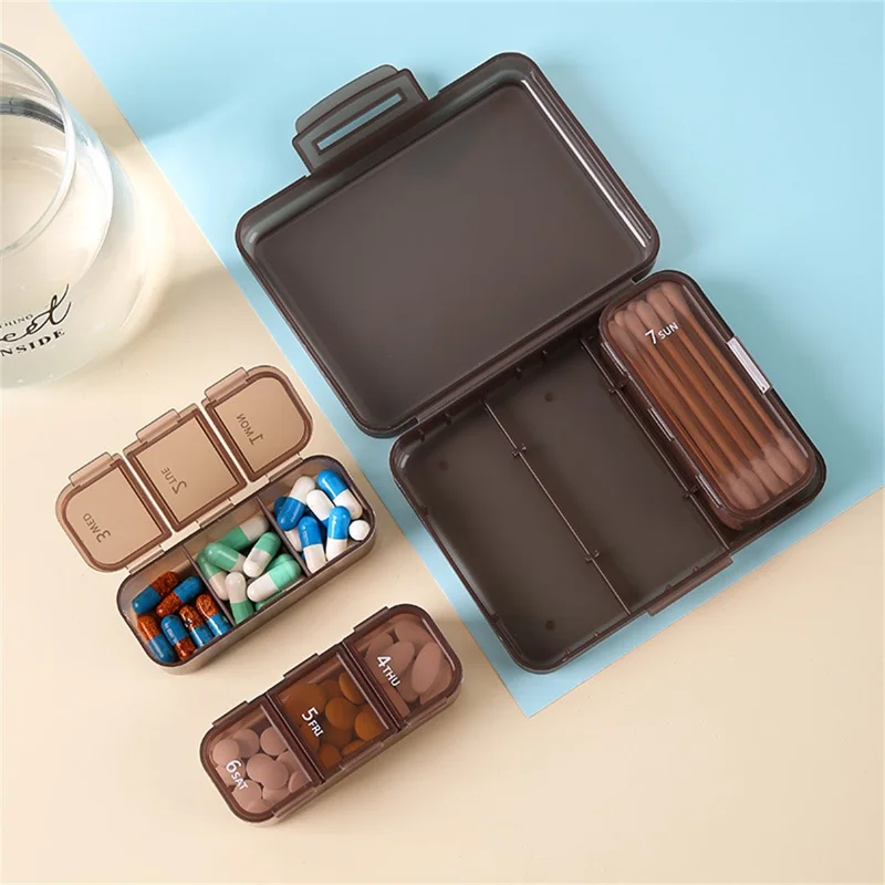 7 Days Weekly 7 Compartments Pill Organizer Box Portable Medicine Storage Case for Travel (BPA Free, No FDA) - Coffee