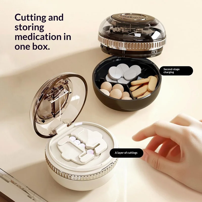 Multifunktionaler Pillenteiler und Organizer 1/2 1/4 Präzises Spalten, tragbare Medikamentenbox (BPA-frei, ohne FDA) - Schwarz