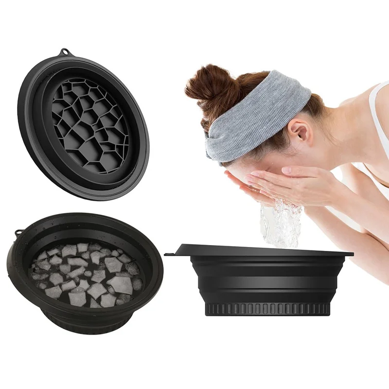 Collapsible Silicone Face Basin Ice Cold Therapy Multipurpose Foldable Washbasin for Skincare Travel (FDA Certified, BPA-Free)  - Black