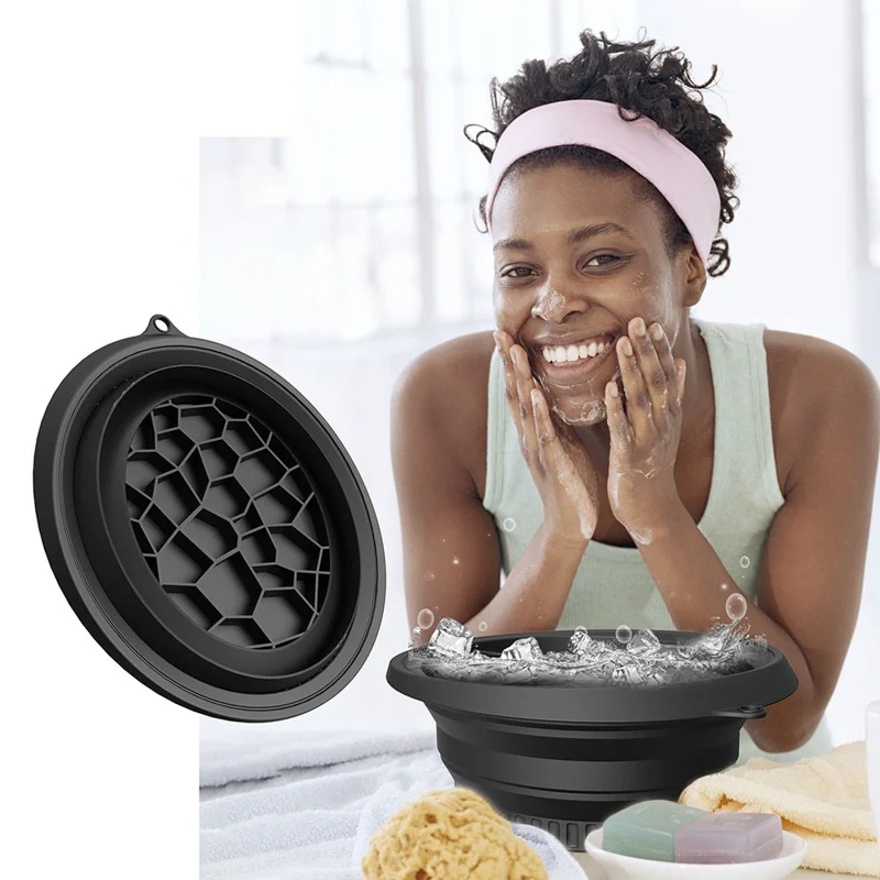 Collapsible Silicone Face Basin Ice Cold Therapy Multipurpose Foldable Washbasin for Skincare Travel (FDA Certified, BPA-Free)  - Black