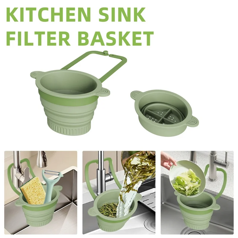 Panier Filtre pour Évier de Cuisine, Passoire Pliable en Silicone Effondrable, Collecteur de Déchets Alimentaires, Panier de Drainage - Vert