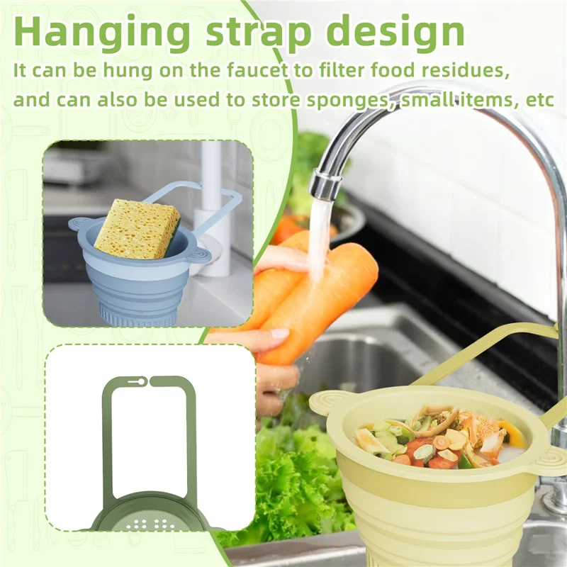 Panier Filtre pour Évier de Cuisine, Passoire Pliable en Silicone Effondrable, Collecteur de Déchets Alimentaires, Panier de Drainage - Vert