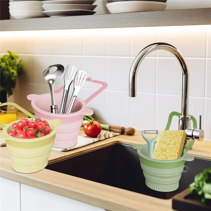 Panier Filtre pour Évier de Cuisine, Passoire Pliable en Silicone Effondrable, Collecteur de Déchets Alimentaires, Panier de Drainage - Vert