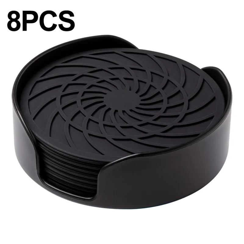 8Pcs 10cm FDA Certified Round Silicone Coasters Waterproof Non-slip Heat Resistant Cup Mats with Storage Holder - Black